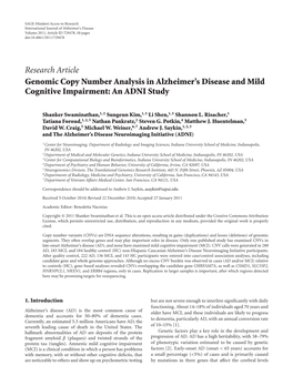 Research Article Genomic Copy Number Analysis in Alzheimer’S Disease and Mild Cognitive Impairment: an ADNI Study