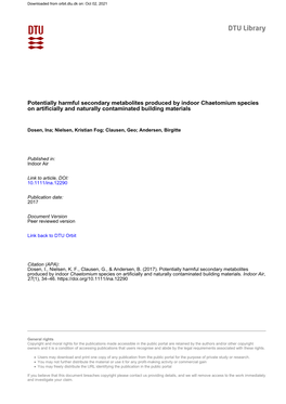 Potentially Harmful Secondary Metabolites Produced by Indoor Chaetomium Species on Artificially and Naturally Contaminated Building Materials