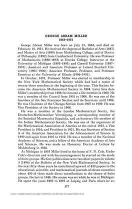 GEORGE ABRAM MILLER 1863-1951 George Abram Miller Was Born on July 31, 1863, and Died on February 10, 1951