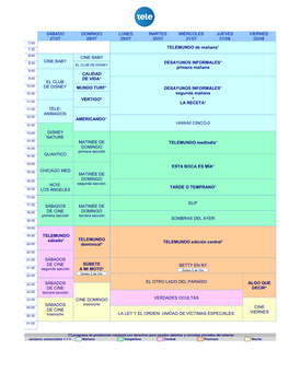 SÁBADO 27/07 DOMINGO 28/07 LUNES 29/07 MARTES 30/07 MIÉRCOLES 31/07 JUEVES 01/08 VIERNES 02/08 TELEMUNDO De Mañana* CINE BABY
