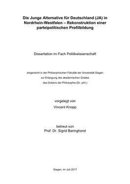 Die Junge Alternative Für Deutschland (JA) in Nordrhein-Westfalen – Rekonstruktion Einer Parteipolitischen Profilbildung