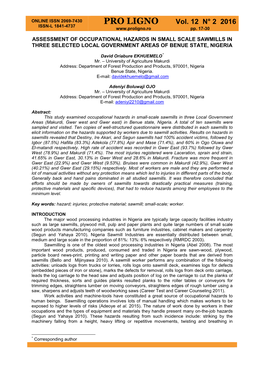 Assessment of Occupational Hazards in Small Scale Sawmills in Three Selected Local Government Areas of Benue State, Nigeria