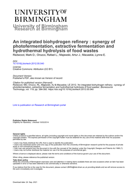 An Integrated Biohydrogen Refinery: Synergy of Photofermentation, Extractive Fermentation and Hydrothermal Hydrolysis of Food Wa