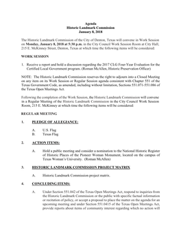 Agenda Historic Landmark Commission January 8, 2018 The