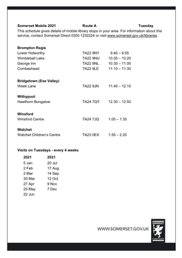 Somerset Mobile 2021 Route a Tuesday This Schedule Gives Details of Mobile Library Stops in Your Area. for Information About