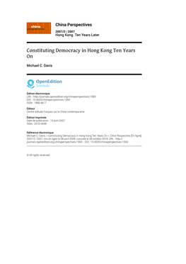 Constituting Democracy in Hong Kong Ten Years On