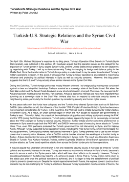 Turkish-U.S. Strategic Relations and the Syrian Civil War Written by Polat Urundul