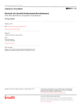 Portrait of a Jewish Professional Revolutionary the Recollections of Joshua Gershman Irving Abella