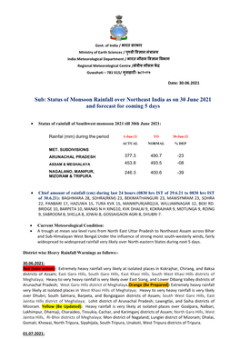 Sub: Status of Monsoon Rainfall Over Northeast India As on 30 June 2021 and Forecast for Coming 5 Days