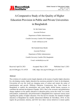 A Comparative Study of the Quality of Higher Education Provision in Public and Private Universities in Bangladesh