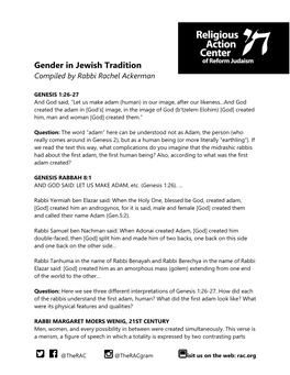 Gender in Jewish Tradition Compiled by Rabbi Rachel Ackerman