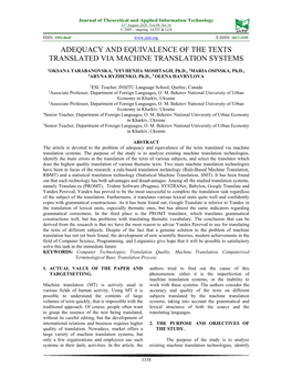 Adequacy and Equivalence of the Texts Translated Via Machine Translation Systems