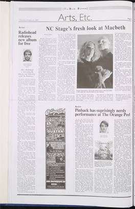 Arts. Etc. Page 8 Review NC Stage’S Fresh Look at Macbeth Radiohead Tion Is Placed on the Spoken Word by Garret Kilgore Ple Over 21