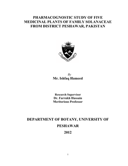 Pharmacognostic Study of Five Medicinal Plants of Family Solanaceae from District Peshawar, Pakistan