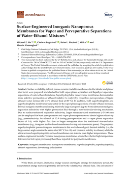 Surface-Engineered Inorganic Nanoporous Membranes for Vapor and Pervaporative Separations of Water–Ethanol Mixtures †