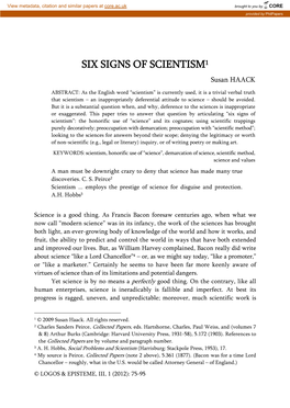 SIX SIGNS of SCIENTISM1 Susan HAACK