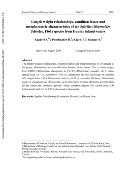 Length-Weight Relationships, Condition Factor and Morphometric Characteristics of Ten Spirlin (Alburnoides Jeitteles, 1861) Species from Iranian Inland Waters