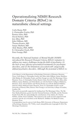 Operationalizing NIMH Research Domain Criteria (Rdoc) in Naturalistic Clinical Settings