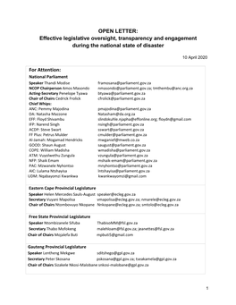 OPEN LETTER: Effective Legislative Oversight, Transparency and Engagement During the National State of Disaster