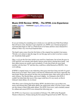 Music DVD Review: RPWL - the RPWL Live Experience Author: Paul Roy — Published: Aug 02, 2009 at 10:37 Pm