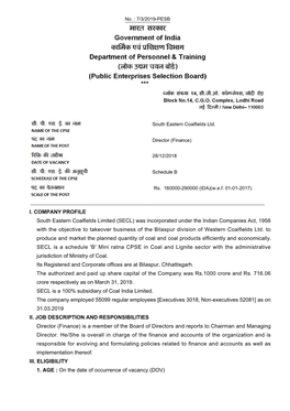 I. COMPANY PROFILE South Eastern Coalfields Limited (SECL)