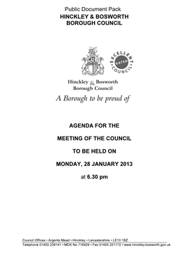 HINCKLEY & BOSWORTH BOROUGH COUNCIL AGENDA for the MEETING of the COUNCIL to BE HELD on MONDAY, 28 JANUARY 2013 at 6.30 Pm P