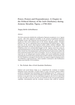 Power, Protest and Preponderance: a Chapter in the Political History of the Irob Chieftaincy During Zemene Mesafint, Tigray, C.1790-1831