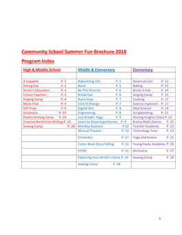 Community School Summer Fun Brochure 2018 Program Index High & Middle School Middle & Elementary Elementary