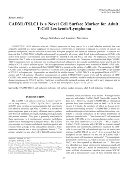 CADM1/TSLC1 Is a Novel Cell Surface Marker for Adult T-Cell Leukemia/Lymphoma