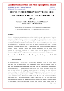 POWER FACTOR IMPROVEMENT USING OPEN LOOP FEEDBACK STATIC VAR COMPENSATOR (SVC) Vasudeva Naidu1, Bindu Priya2, Shruti Chauhan3, Tabrez Khan4, A.M Thukaram5