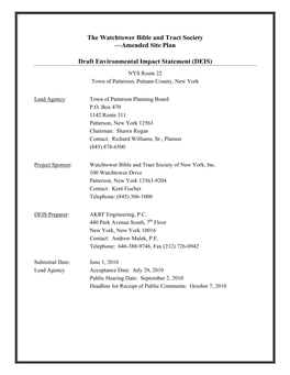 The Watchtower Bible and Tract Society —Amended Site Plan Draft Environmental Impact Statement (DEIS)