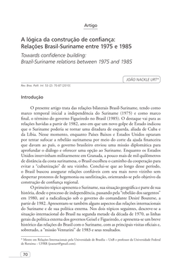 Relações Brasil-Suriname Entre 1975 E 1985 Towards Confidence Building: Brazil-Suriname Relations Between 1975 and 1985
