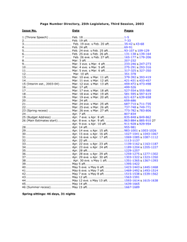 Page Number Directory, 25Th Legislature, Third Session, 2003