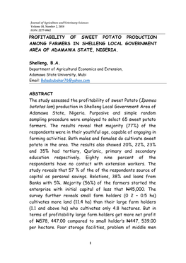 Profitability of Sweet Potato Production Among Farmers in Shelleng Local Government Area of Adamawa State, Nigeria