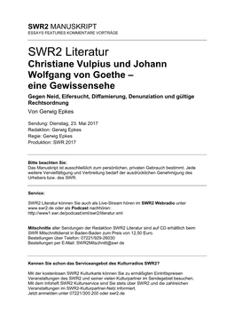 Christiane Vulpius Und Johann Wolfgang Von Goethe – Eine Gewissensehe Gegen Neid, Eifersucht, Diffamierung, Denunziation Und Gültige Rechtsordnung Von Gerwig Epkes