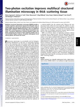 Two-Photon Excitation Improves Multifocal Structured Illumination Microscopy in Thick Scattering Tissue