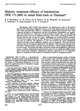 Malaria: Treatment Efficacy of Halofantrine (WR 171,669) in Initial Field Trials in Thailand* E