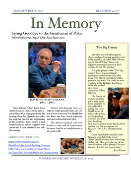 Saying Goodbye to the Gentleman of Poker Poker Professional David “Chip” Reese Passes at 56