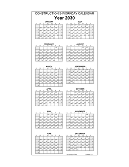 Caltrans Construction 5-Workday Calendar 2030