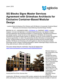 SG Blocks Signs Master Services Agreement with Grimshaw Architects for Exclusive Container-Based Modular Design