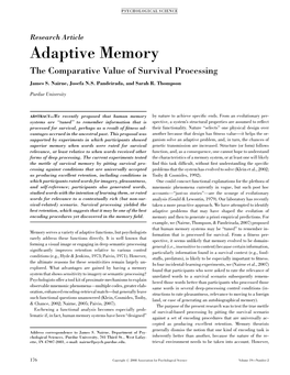 Adaptive Memory the Comparative Value of Survival Processing James S