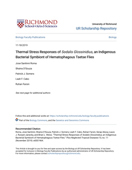 Thermal Stress Responses of Sodalis Glossinidius, an Indigenous Bacterial Symbiont of Hematophagous Tsetse Flies