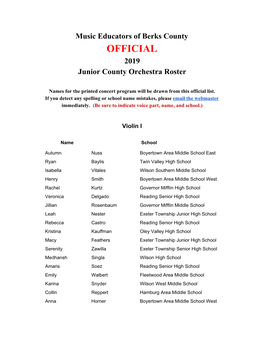 OFFICIAL 2019 Junior County Orchestra Roster