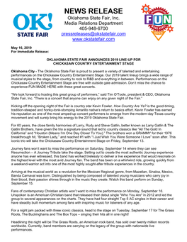 NEWS RELEASE Oklahoma State Fair, Inc