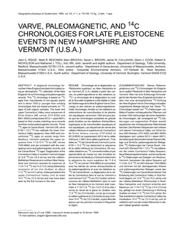 Varve, Paleomagnetic, and 14C Chronologies for Late Pleistocene Events in New Hampshire and Vermont (U.S.A.)