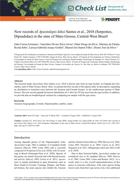 Apostolepis Kikoi Santos Et Al., 2018 (Serpentes, Dipsadidae) in the State of Mato Grosso, Central-West Brazil