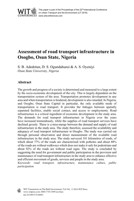 Assessment of Road Transport Infrastructure in Osogbo, Osun State, Nigeria