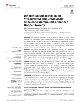 Differential Susceptibility of Mycoplasma and Ureaplasma Species to Compound-Enhanced Copper Toxicity
