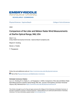 Comparison of Na Lidar and Meteor Radar Wind Measurements at Starfire Optical Range, NM, USA