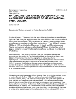 Natural History and Biogeography of the Amphibians and Reptiles of Kibale National Park, Uganda